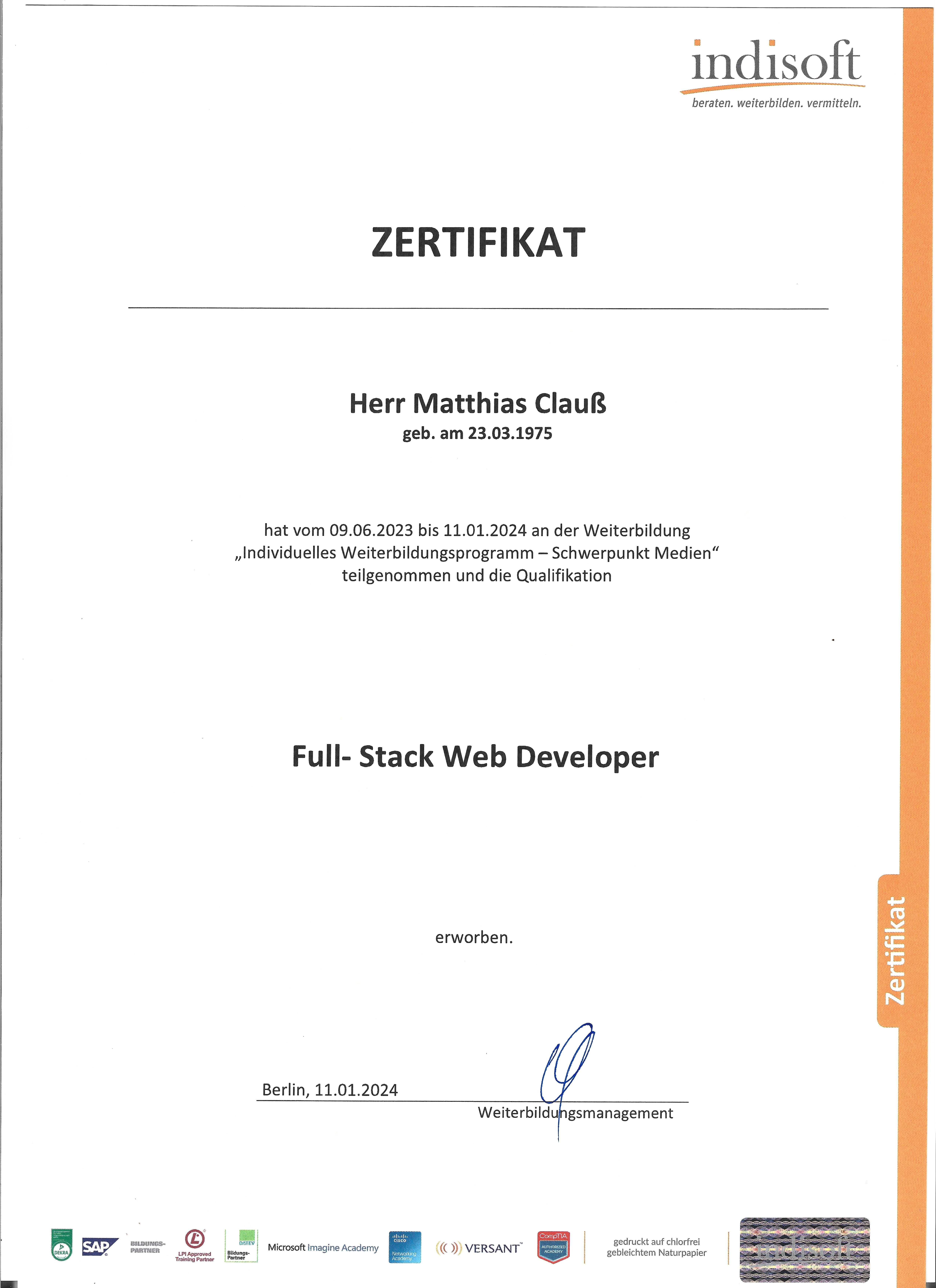 Zertifikat - Full Stack Web Developer
