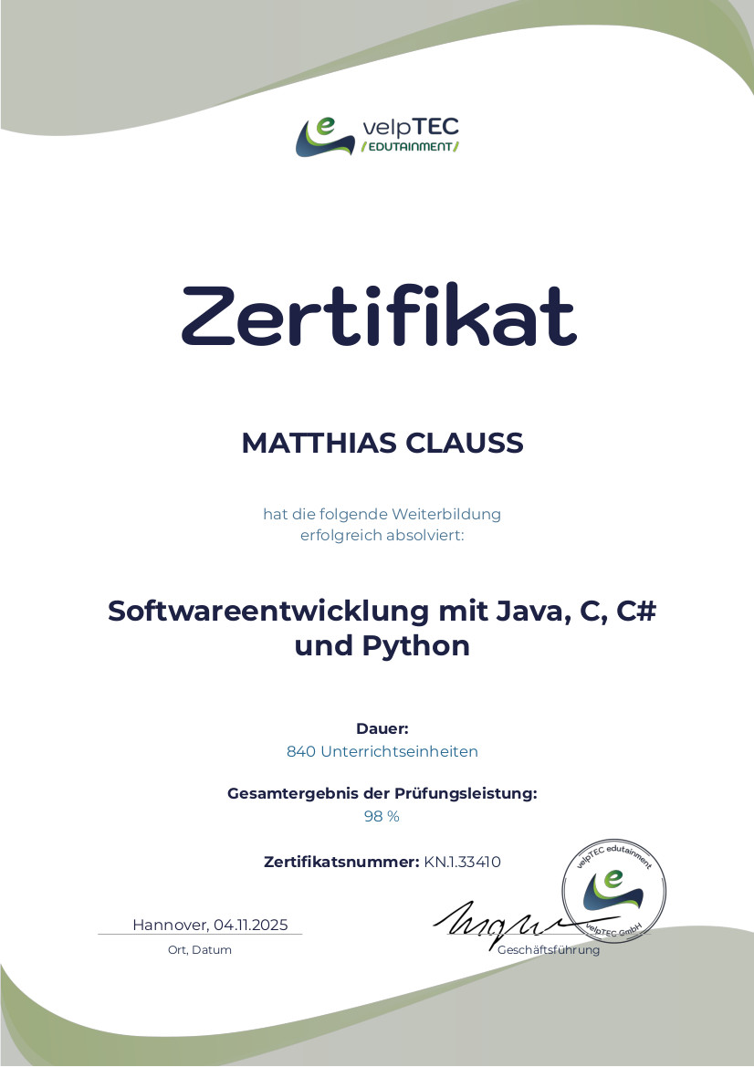 Zertifikat - Softwareentwicklung